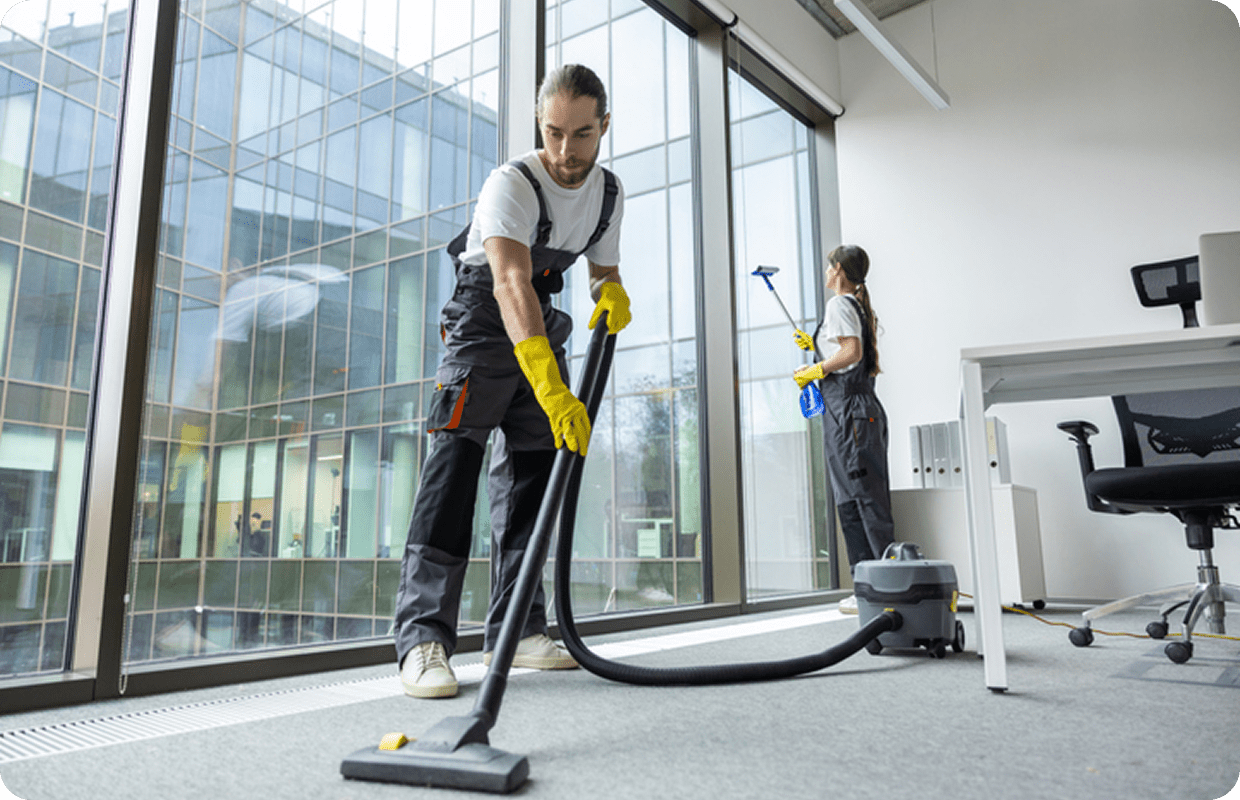 Office cleaning with vacuum and spray