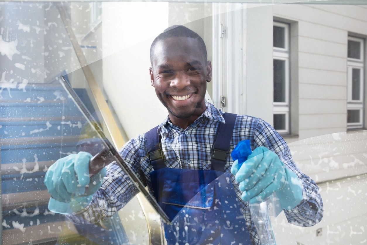 Smiling man cleaning a window with gloves in a residential area.