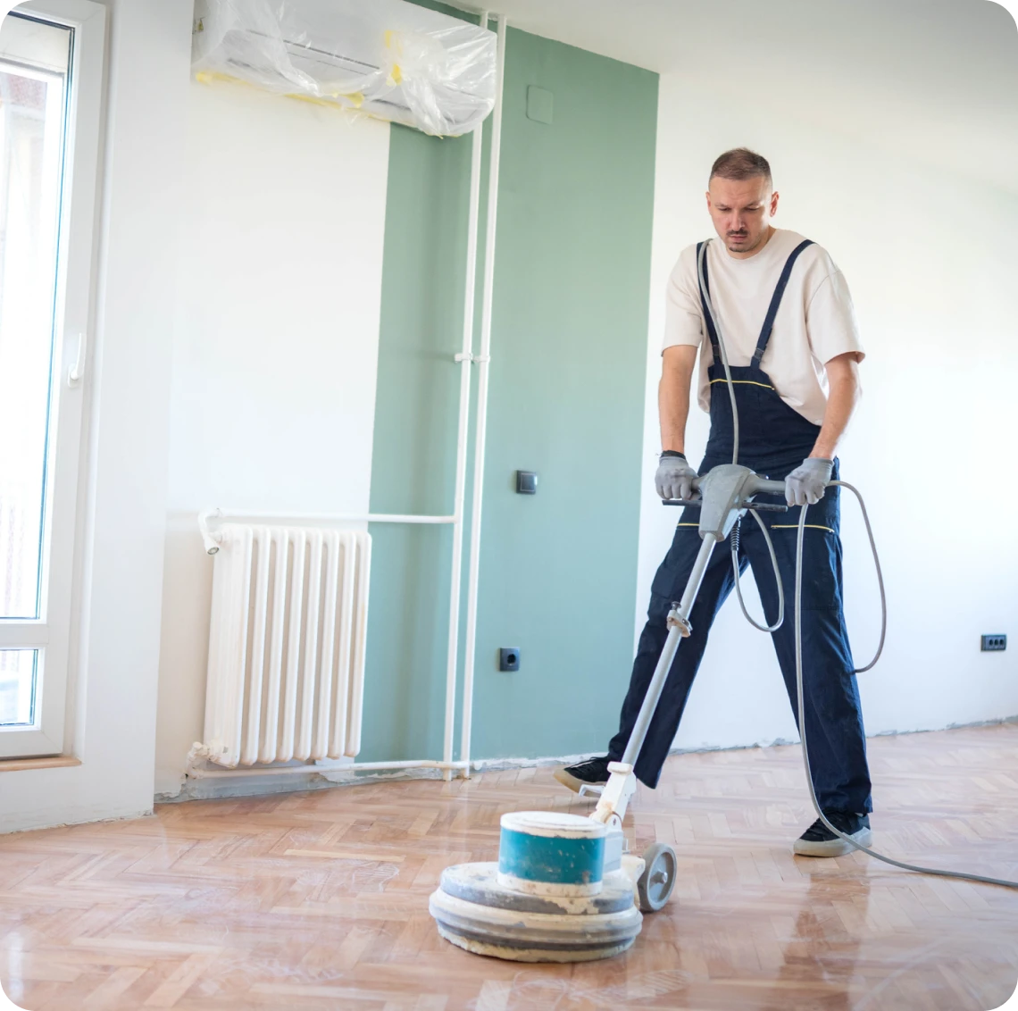 Man refinishing parquet flooring indoors